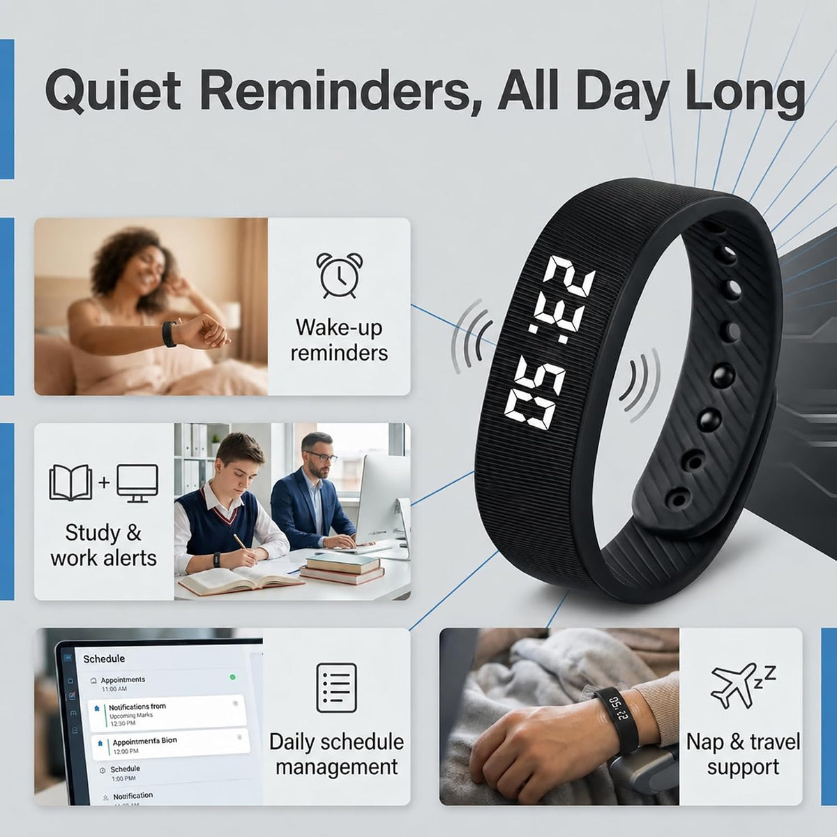 Vibrating Alarm Wristband Clock for Heavy Sleepers Wake Band Wrist Watch Silent Vibration Bracelet Loud Adults Strike Deaf People Despertar with that Won't Partner Extremely Deep
