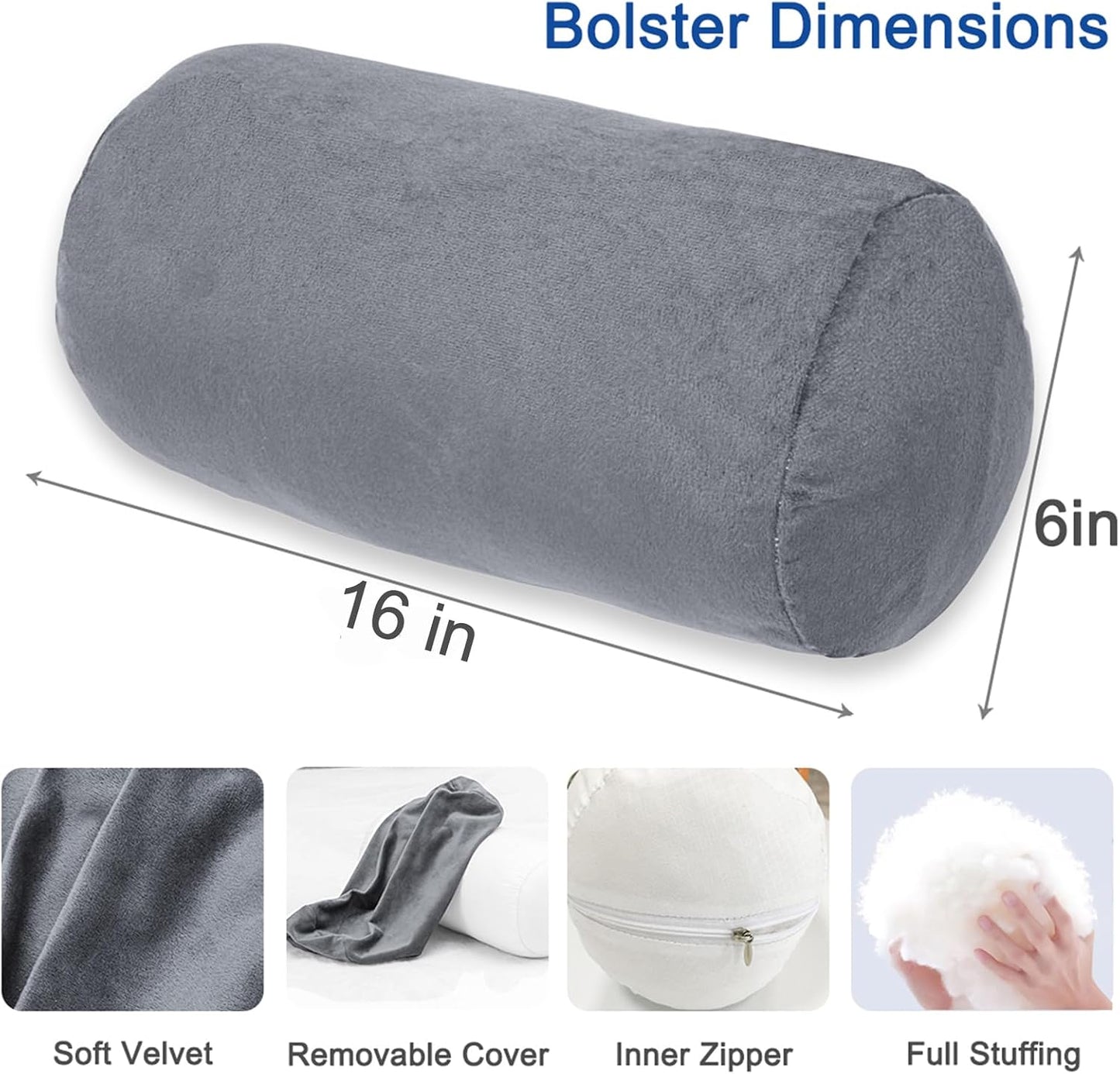 1 MIDDLE ONE Round Cylinder Bolster Pillow with Removable Cooling Cover, Tube Roll Cervical Pillow for Head, Neck, Back and Legs Support, 13"x 6", Grey