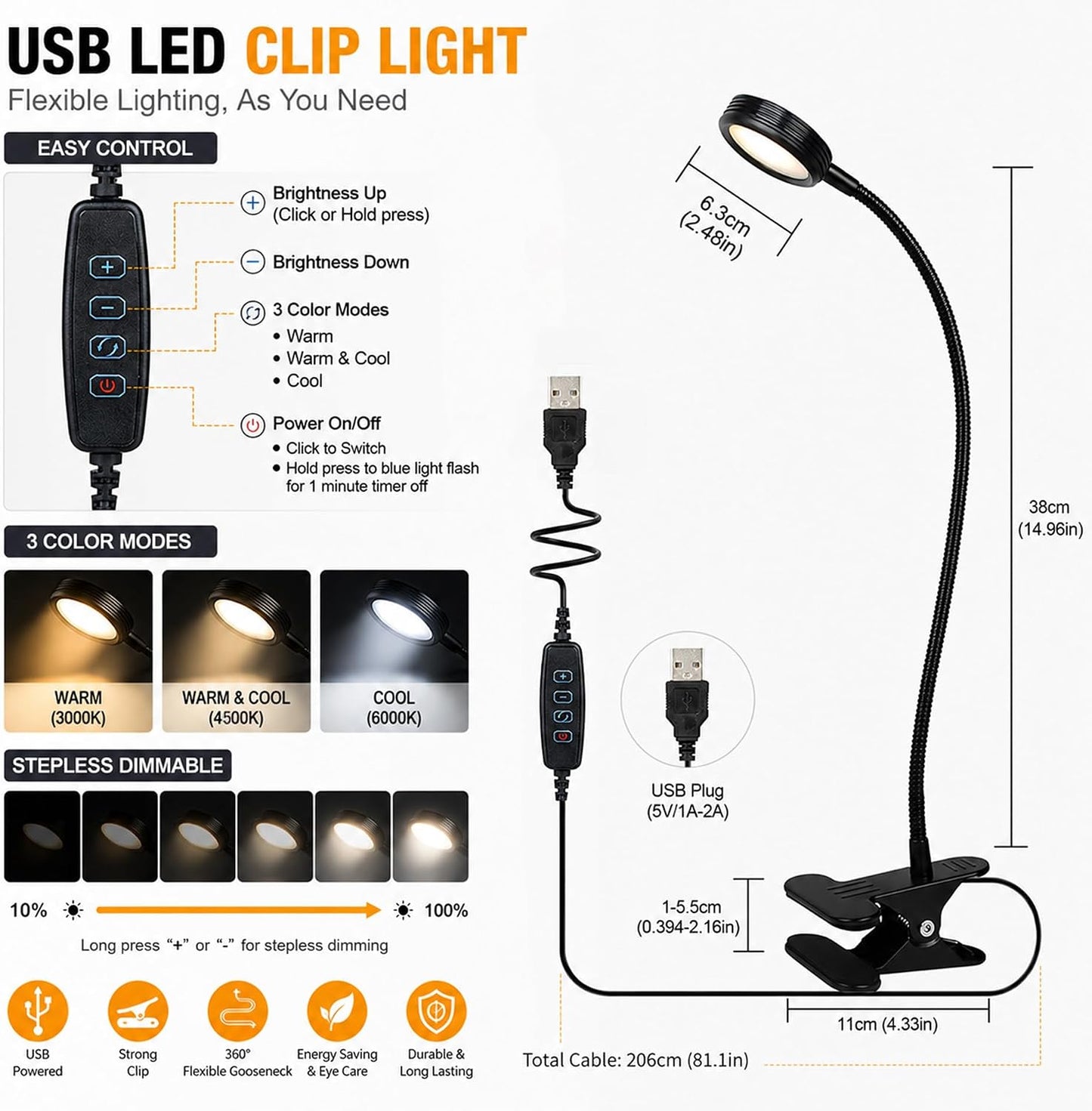 USB Clip-On Lamp, Eye Caring Dimmable Reading Light (Warm+Cool White, 8W) | Dimmable, Inline Switch, 1M Timer, USB 5V Port, 3000K+6000K, 81inch Long Cable, Flexible Gooseneck, Metal Head and Clip