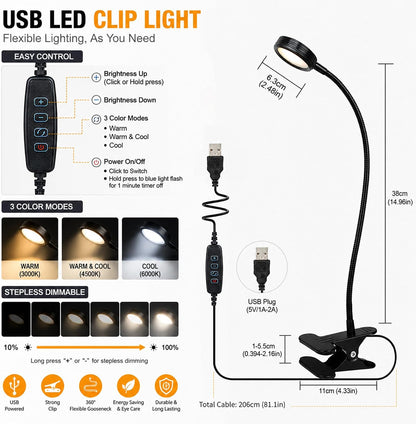 USB Clip-On Lamp, Eye Caring Dimmable Reading Light (Warm+Cool White, 8W) | Dimmable, Inline Switch, 1M Timer, USB 5V Port, 3000K+6000K, 81inch Long Cable, Flexible Gooseneck, Metal Head and Clip