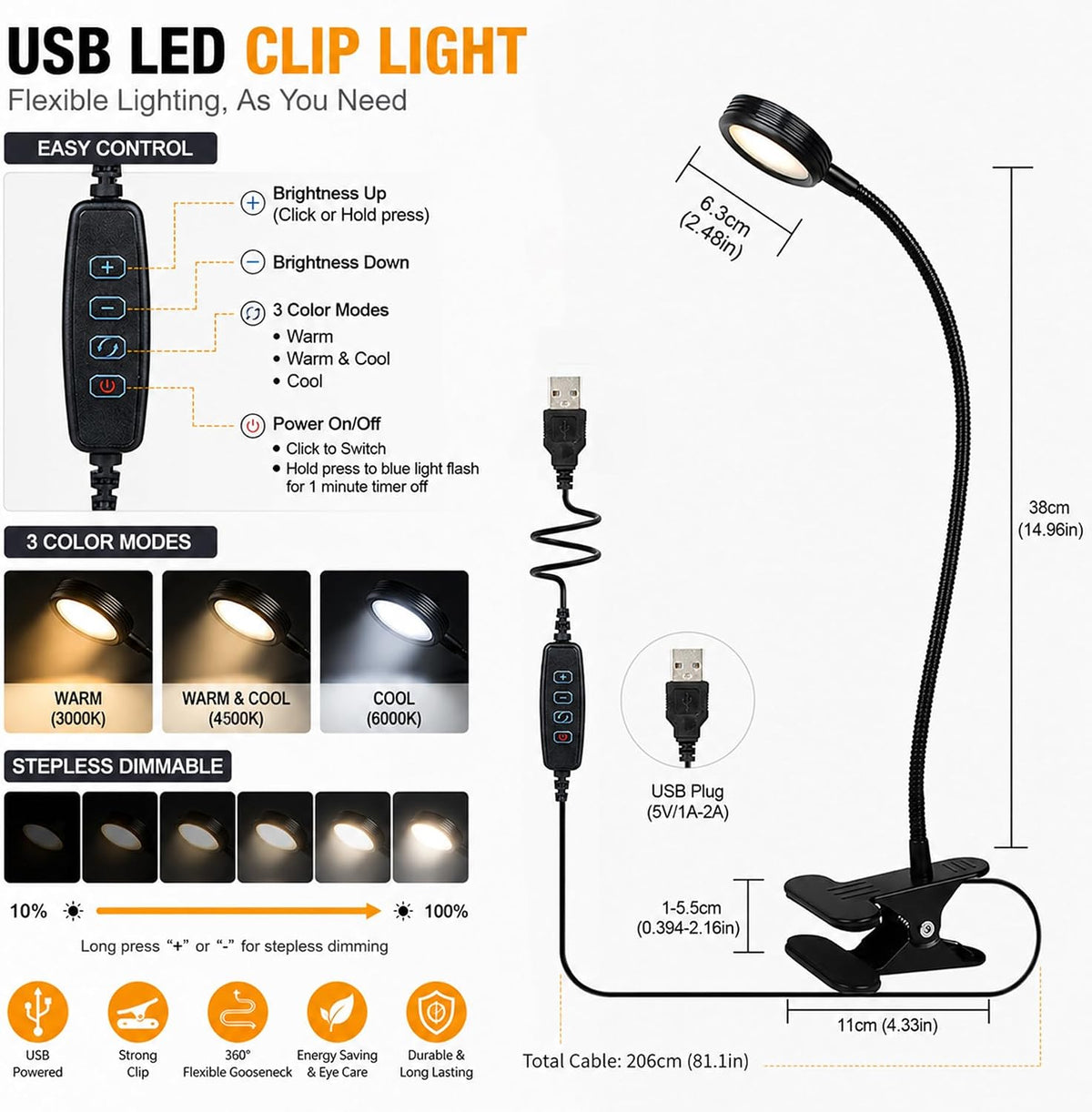 USB Clip-On Lamp, Eye Caring Dimmable Reading Light (Warm+Cool White, 8W)