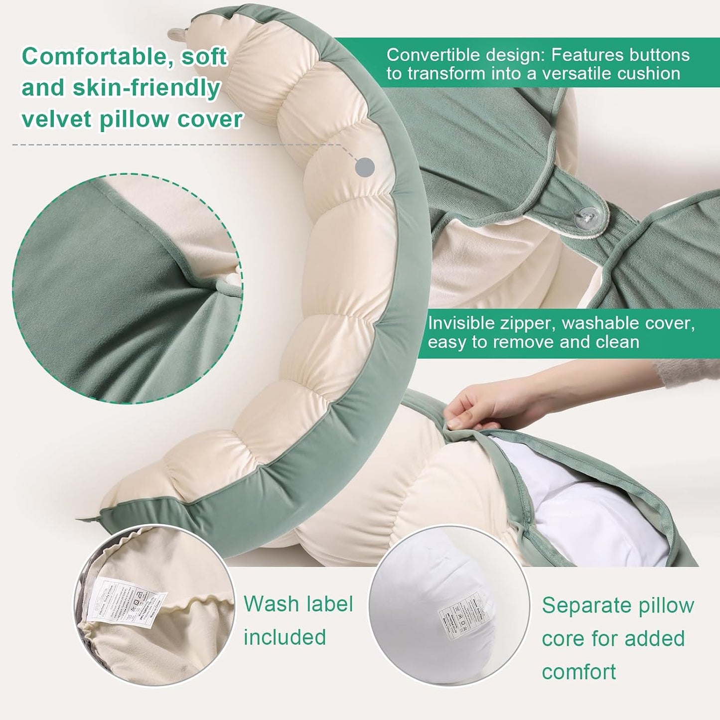 Peallow(Pat. Pend) – Long Round Body Pillow for Adults, Bolster Pillow for Sleeping, Soft and Supportive Pillow for Sleeping & Lumbar Support (Green-White, 29.5")