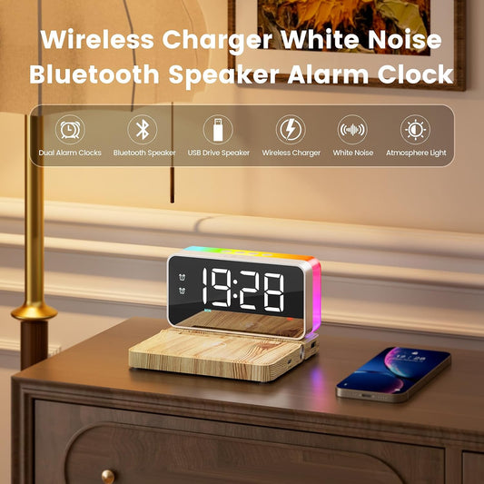 Alarm Clock for Heavy Sleeper,Wireless Charging,Bluetooth Speaker | Dual Alarms for Bedroom,10W Wireless Charging,White Noise Sound Machine, Ideal Gift for Adults,Teens,Kids,Senior (Wood Grain)