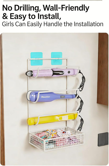 4-Tier Metal Hair Tool Organizer, No Drill Wall-Mounted Storage Rack - Heat Resistant Holder for Curling Iron, Hair Dryer, Straightener, Styling Tools (White/Black)