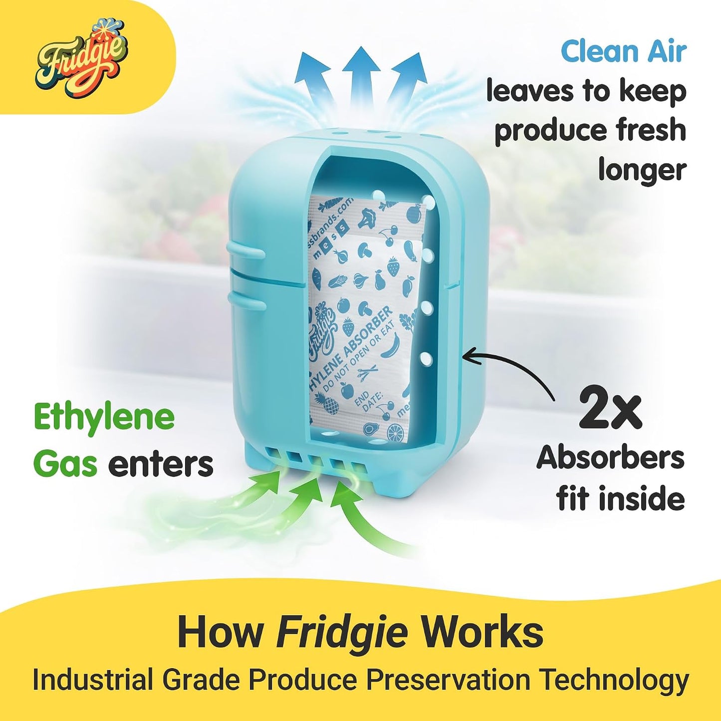 Fridgie Produce Saver, Ethylene Gas Absorber, Fridge Lettuce Keeper - Blue | 4 refill packets, lasts up to 1 year, slows ripening, reduces food waste, crisper drawer, protects berries, herbs, greens