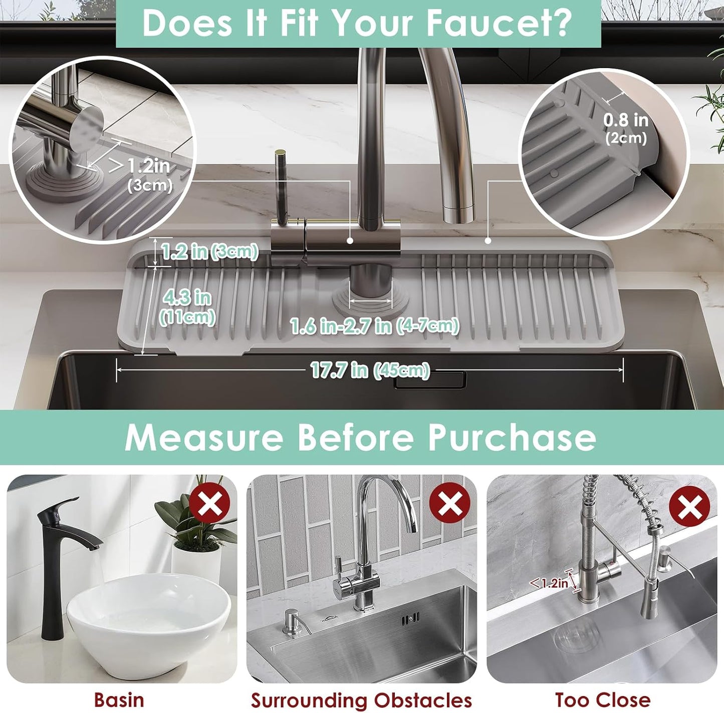 24-Inch Silicone Faucet Mat for Kitchen Sink Splash Guard, 7° Slope | 24"x5.5" water draining mat with fasten button; 1.6-2.75" customizable hole for bathroom, RV & kitchen sink drip catcher.