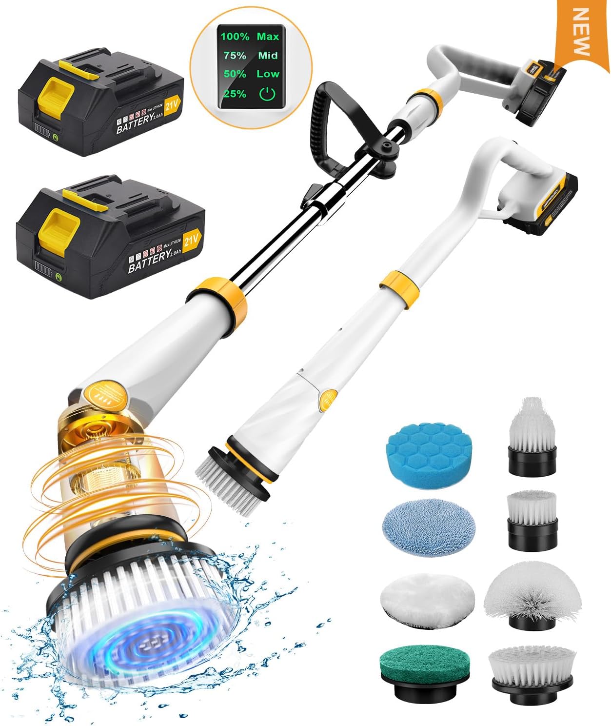 Qimedo 1500 RPM Electric Spin Scrubber with Two Batteries Q2 Pro, Cordless Battery Powered Shower Scrubber,Electric Tile Floor Scrubber with Display for Grout/Tile/Tub (Effortless Handle/8 Brushes)