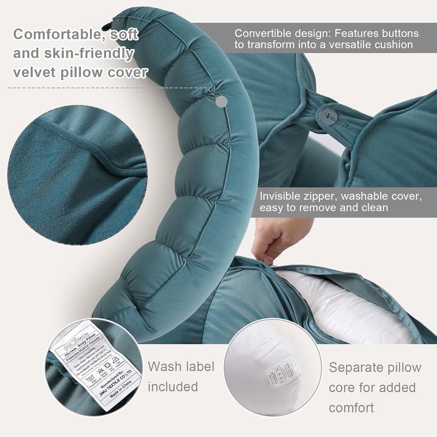 Peallow(Pat. Pend) – Long Round Body Pillow for Adults, Bolster Pillow for Sleeping, Soft and Supportive Pillow for Sleeping & Lumbar Support (Green-White, 29.5")