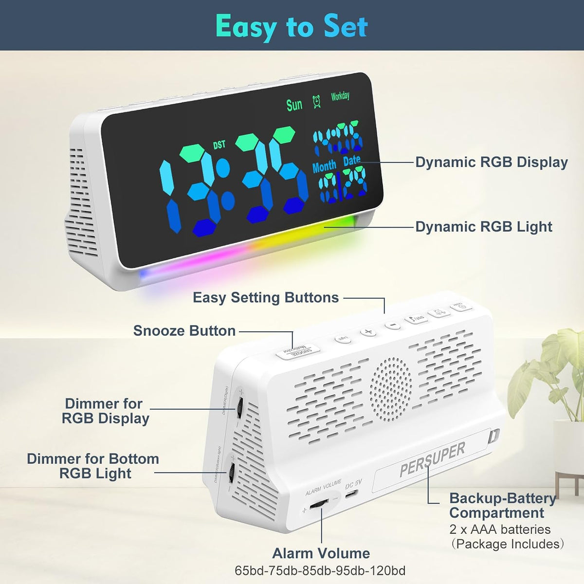 120db Super Loud Alarm Clock for Heavy Sleepers, Bluetooth Connection
