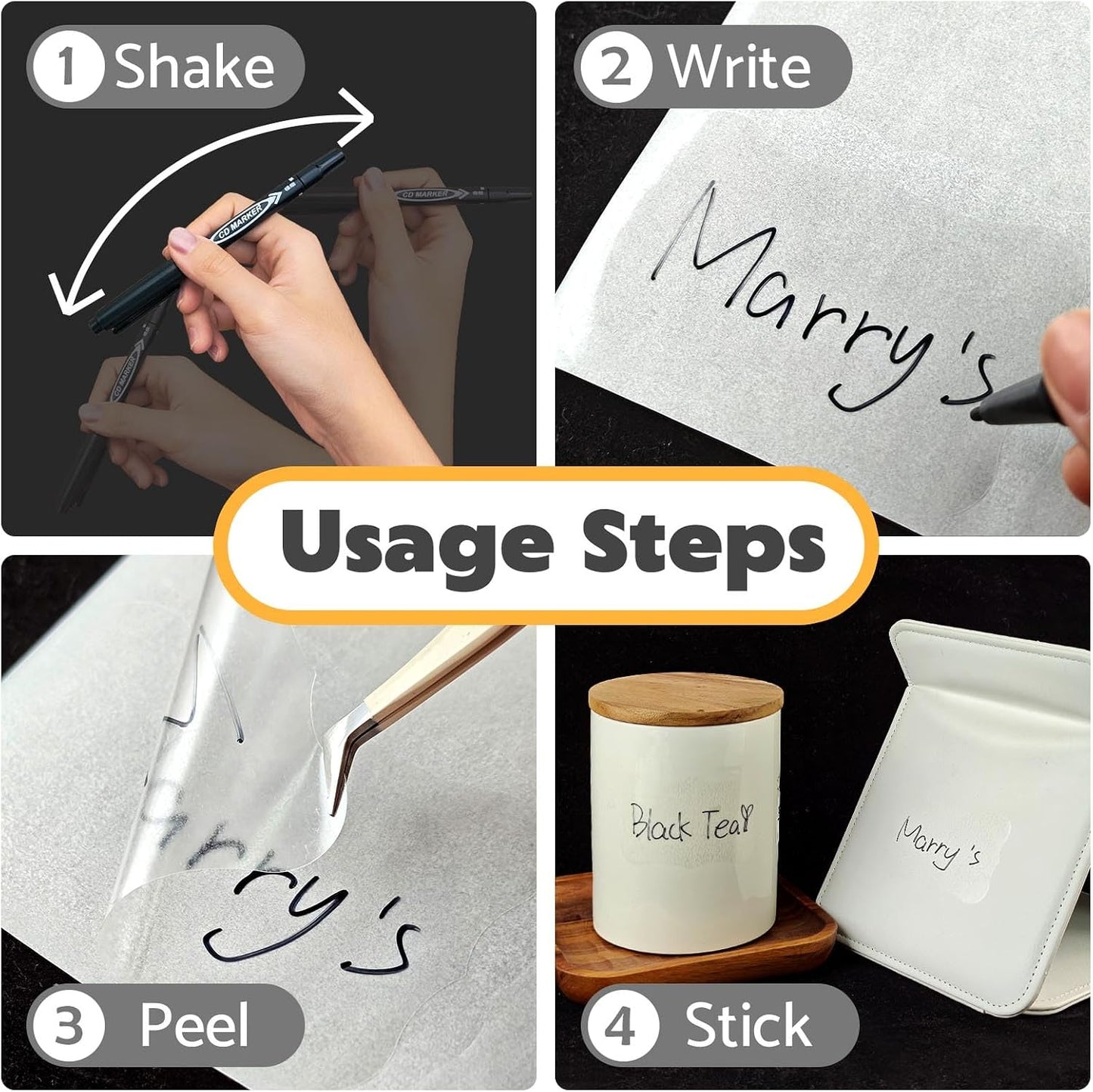 JIEHENG 180Pcs Labels for Jars,Black Wavy Stickers with 1 Chalk Markers | Black,Shape of Wavy,Reusable,Removable Labels for Storage Bins