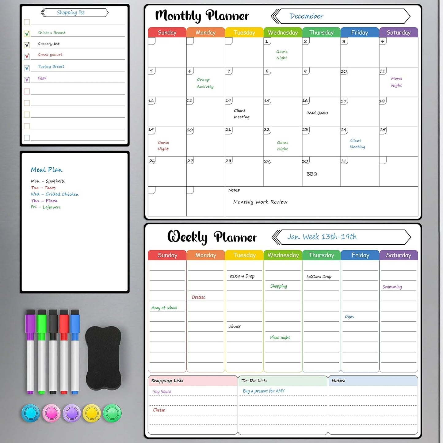 MaxGear 4 Pack Magnetic Dry Erase Board Calendar for Fridge, 15" x 11.5" | Strong Magnetic, Easy to Write and Clean, Dry Erase and No Stains, Includes List, Small Board, 5 Markers,5 Magnets,1 Eraser