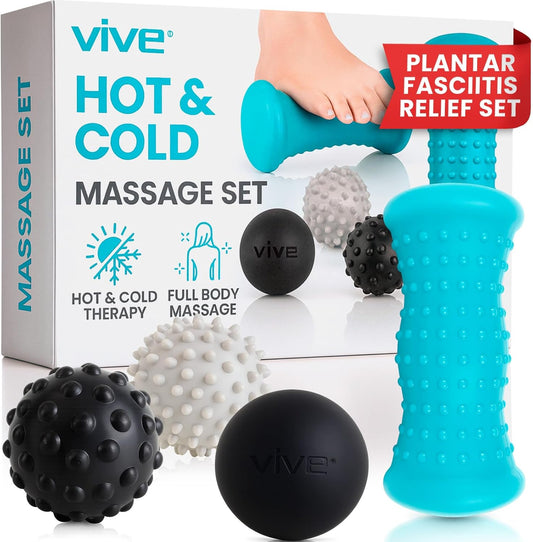Vive Massage Ball Set (4 Piece) - Plantar Fasciitis Relief Foot Pain Hot | Cold Therapy - Heel Spur, Sore Muscle, Trigger Point, Back, Arm, Neck, Shoulder, Leg Circulation Roller