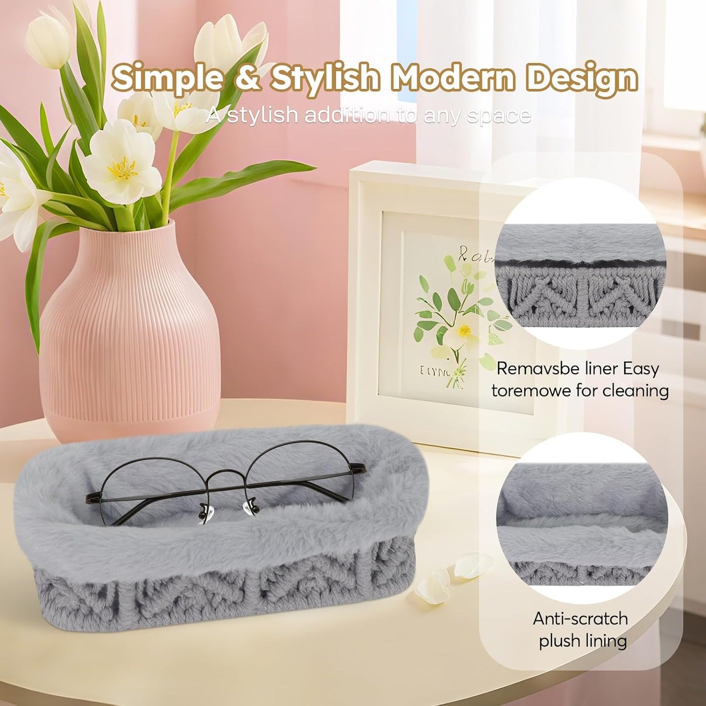 Glasses Holder, Anti-scratch Plush Lined Eyeglass Holder Stand | Oval Eye-glasses Storage Organizer Case for Nightstand, Office Desk, Bedside Table, Beige