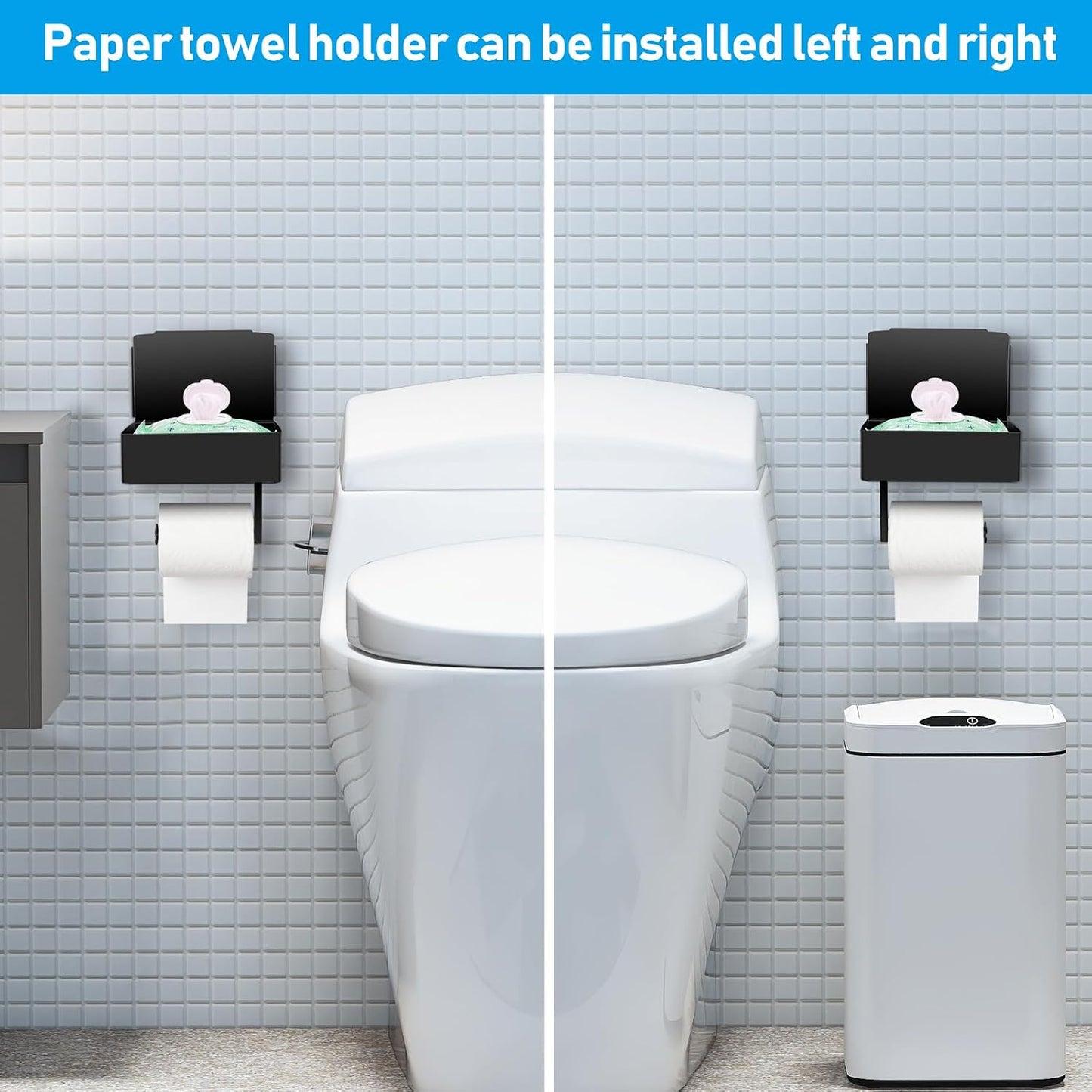Toilet Paper Holder with Storage, Shelf of Bathroom Toilet Tissue Holder, Toilet Paper Roll Holder, Black Stainless Steel Wall Mount, No Installation & Flushable Wet Wipes Storage