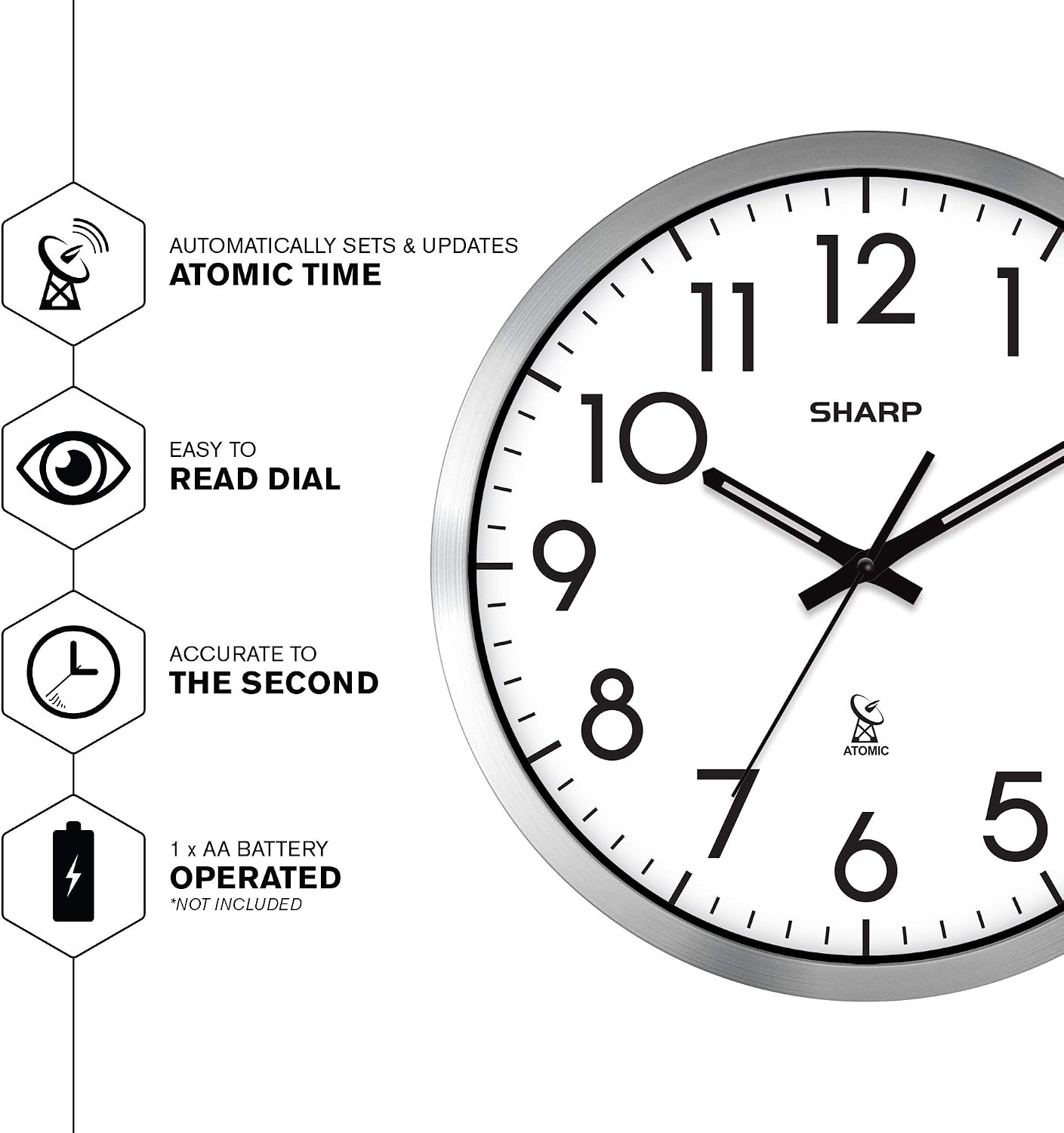 Sharp 12-Inch Atomic Wall Clock, Battery Operated, White with Black Frame | Self-setting atomic time; Easy-read analog face; Automatic time adjustment; Simple setup; Versatile home or office style