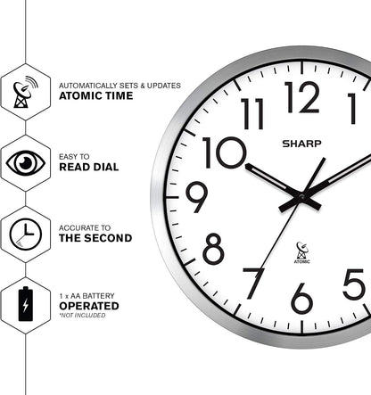 Sharp 12-Inch Atomic Wall Clock, Battery Operated, White with Black Frame | Self-setting atomic time; Easy-read analog face; Automatic time adjustment; Simple setup; Versatile home or office style