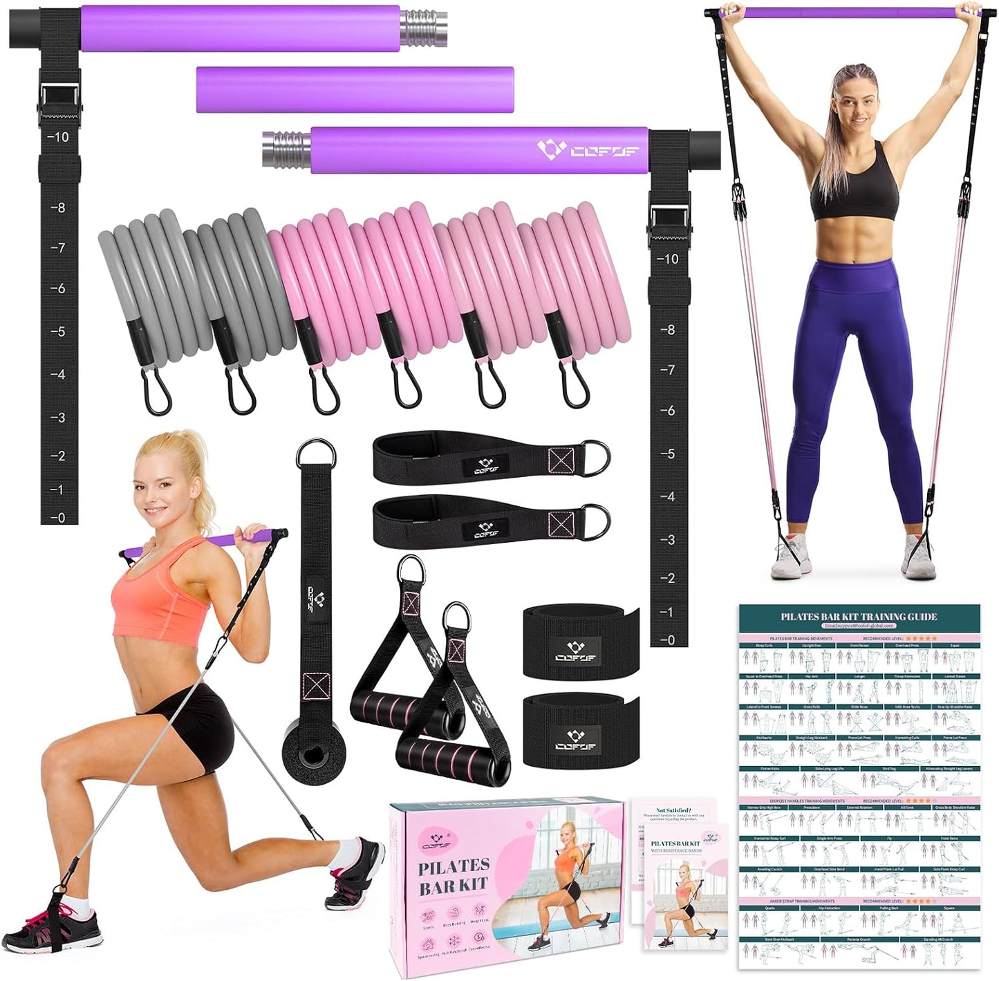 Pilates Bar Kit with Resistance Bands, Multifunctional Yoga Pilates Kit | Heavy-Duty Metal Adjustment Buckle, Portable Home Gym Pilates Resistance Bar Kit for Women Full Body Workouts