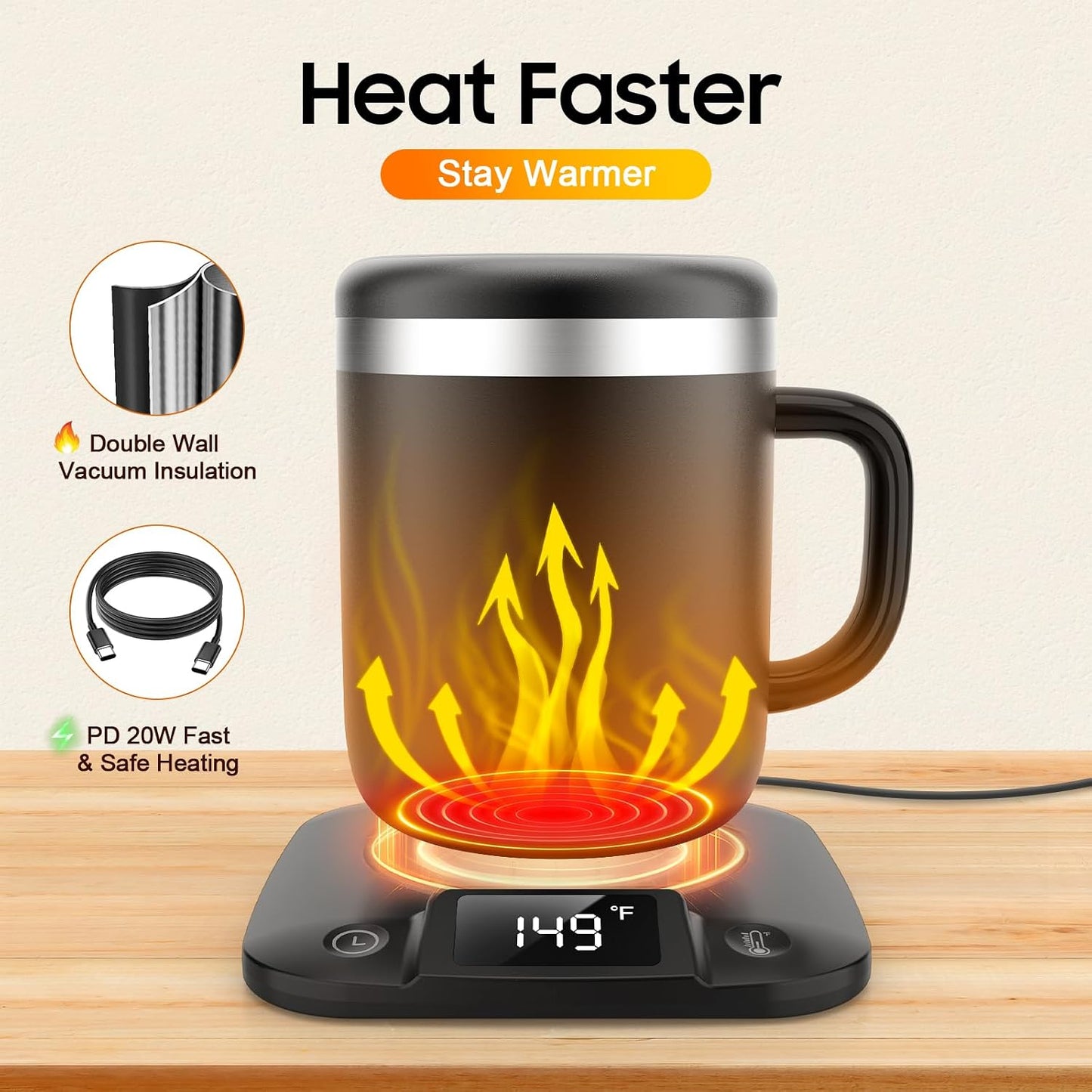 Smart Electric Heated Coffee Mug with Temperature Control, 5 Settings & Display, Auto Shut-Off, Fast Heating Warmer Set with Stainless Steel Coffee Mug (14oz-Black)