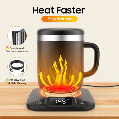 Smart Electric Heated Coffee Mug with Temperature Control, 5 Settings & Display, Auto Shut-Off, Fast Heating Warmer Set with Stainless Steel Coffee Mug (14oz-Black)