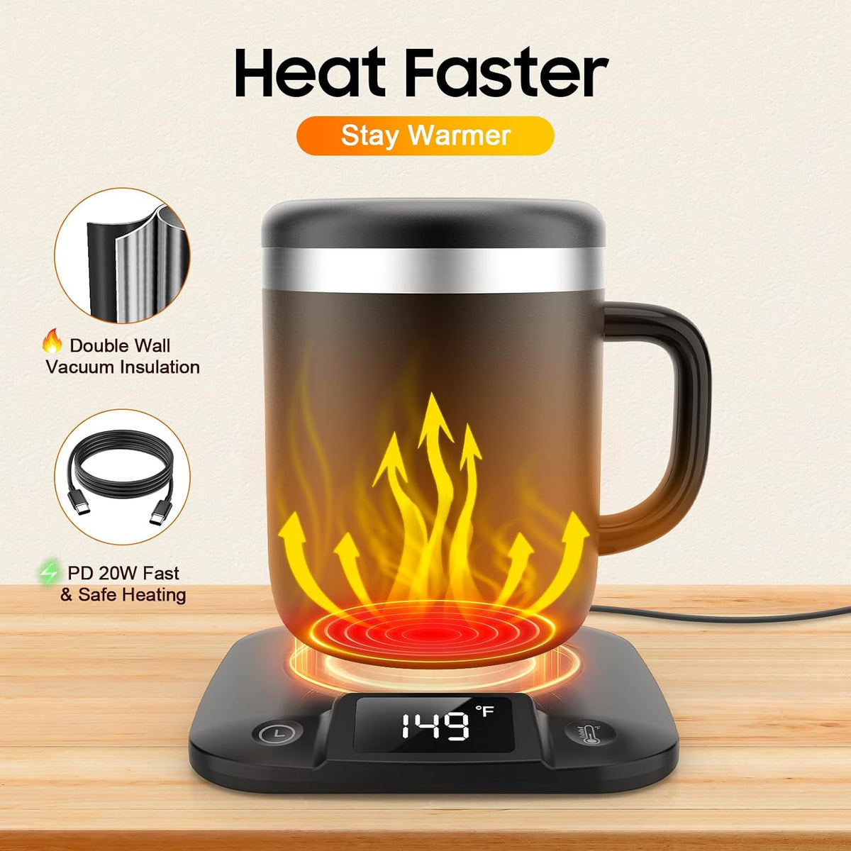 Smart Electric Heated Coffee Mug with Temperature Control, 5 Settings & Display, Auto Shut-Off, Fast Heating Warmer Set with Stainless Steel Coffee Mug (14oz-Black)
