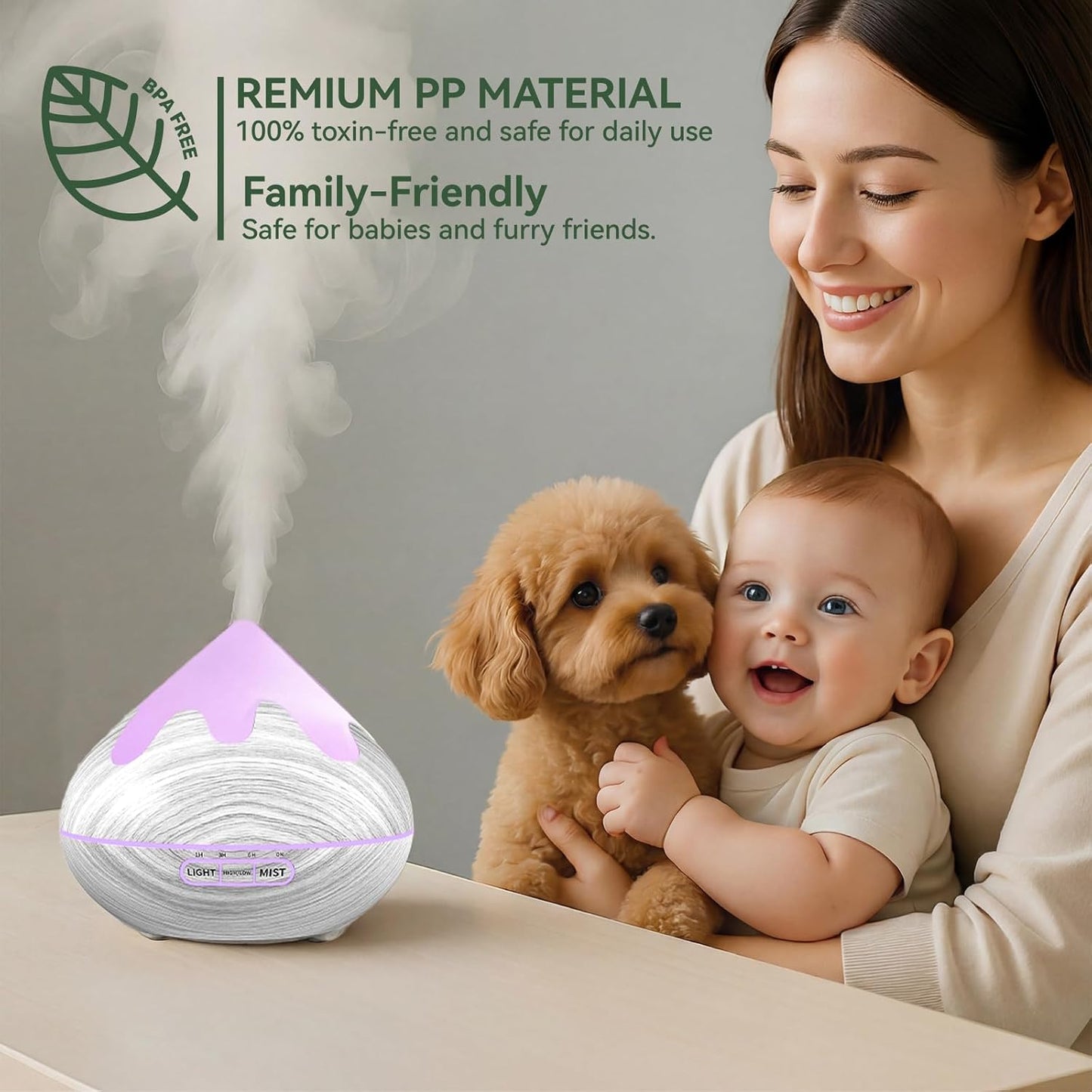 500ML Essential Oil Diffuser, Aromatherapy Diffuser with Remote Control, Multifunctional Air Diffusers for Home Office Room, Fragrance Aroma Diffuser with 7 Color LED & 2 Mist Mode, Brown