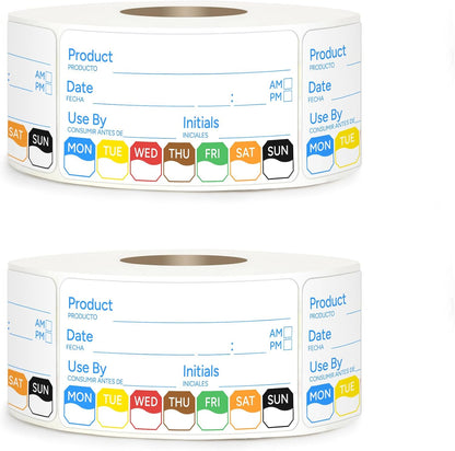 2 Rolls 1000 Pcs 1 X 2 inch Removable Food Date Sticker Labels, Easy to Write for Freezer, Refrigerator Food Containers Date Sticker, Leftover Labels (Blue-Red-US)