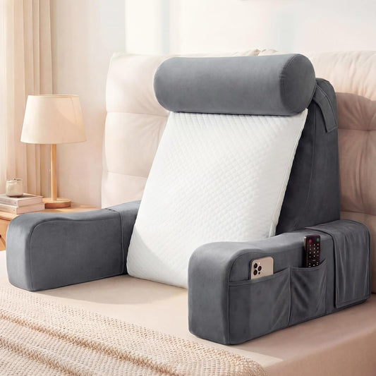 Ergonomic Reading Pillow for Bed Sitting Up, Adjustable Back Pillow with Detachable Armrests, Removable Leg Support Converts to Cylindrical Pillow, Machine Washable Cover with Pockets – Grey