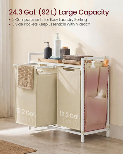 VASAGLE Laundry Hamper, Laundry Basket Sorter with 3 Pull-Out and Removable Bags, Shelf, Metal Frame, 3 x 10.6 Gallons (40 L), 36.4 x 13 x 28.4 Inches, Cappuccino Beige and Natural Beige UBLH301LH01