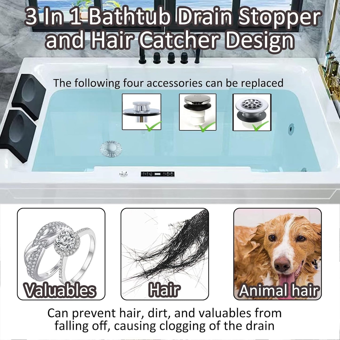 AzWzz Universal Tub Stopper Bathtub Drain Plug, Pop Up Tub Drain Hair Catcher, Drain Cover with Strainer, for 1-3/8 to 2in Bath Drain Hole