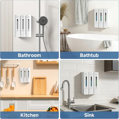 Shampoo and Conditioner Dispenser - Shower Soap Dispenser Wall Mounted No Drill - Shampoo Conditioner Body Wash Dispenser 3 Chamber - Easy Install for Bathroom Hotel Black 1200ml