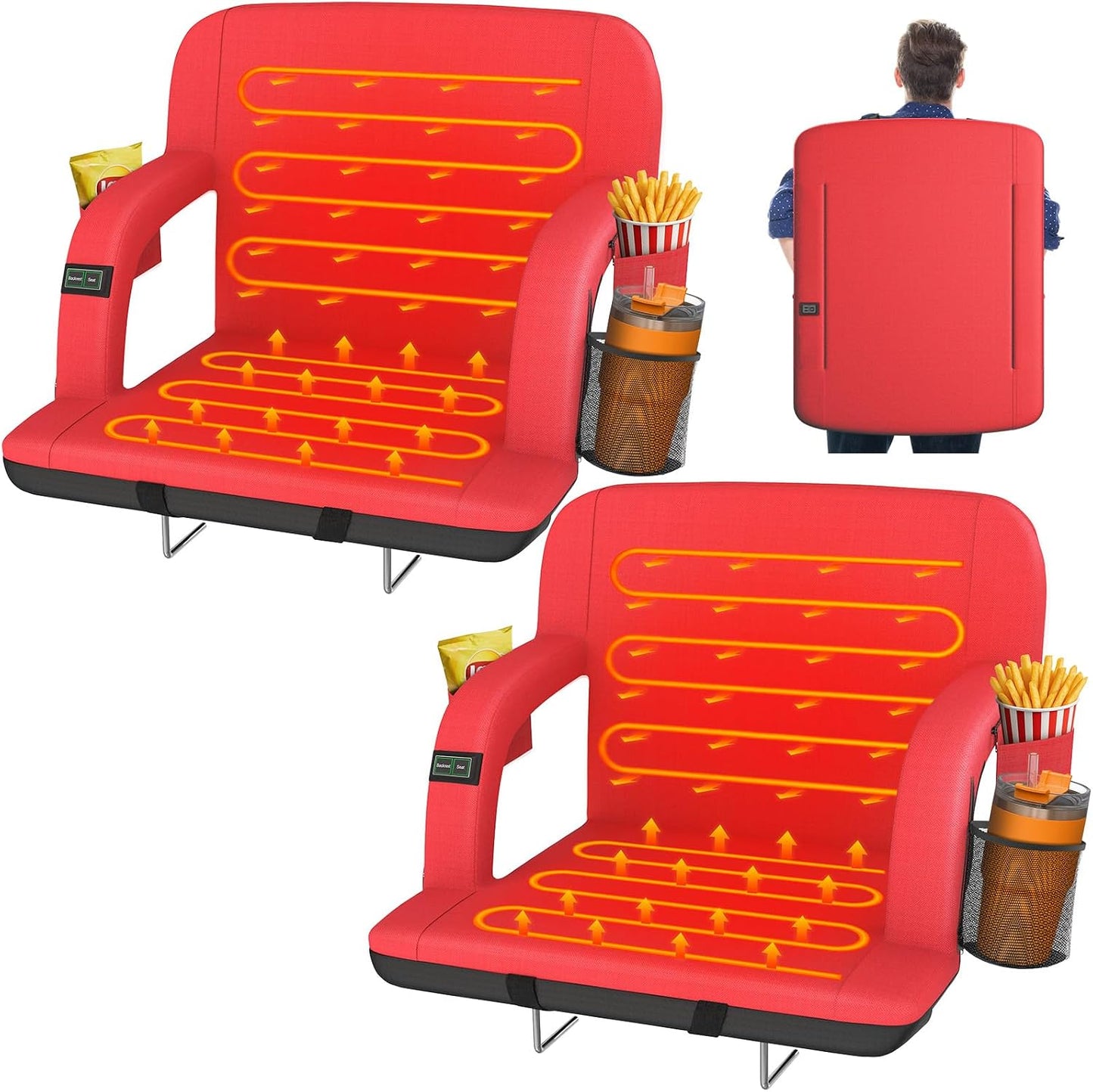 HOPERAN 25in Heated Stadium Seats for Bleachers, Dual Control, 2 PCS, Black | Independent Seat & Back 3 Level Heat (NO Battery), Soft Cushion, 6 Recliner, Anti-Slip, Side Pockets, Backpack Straps