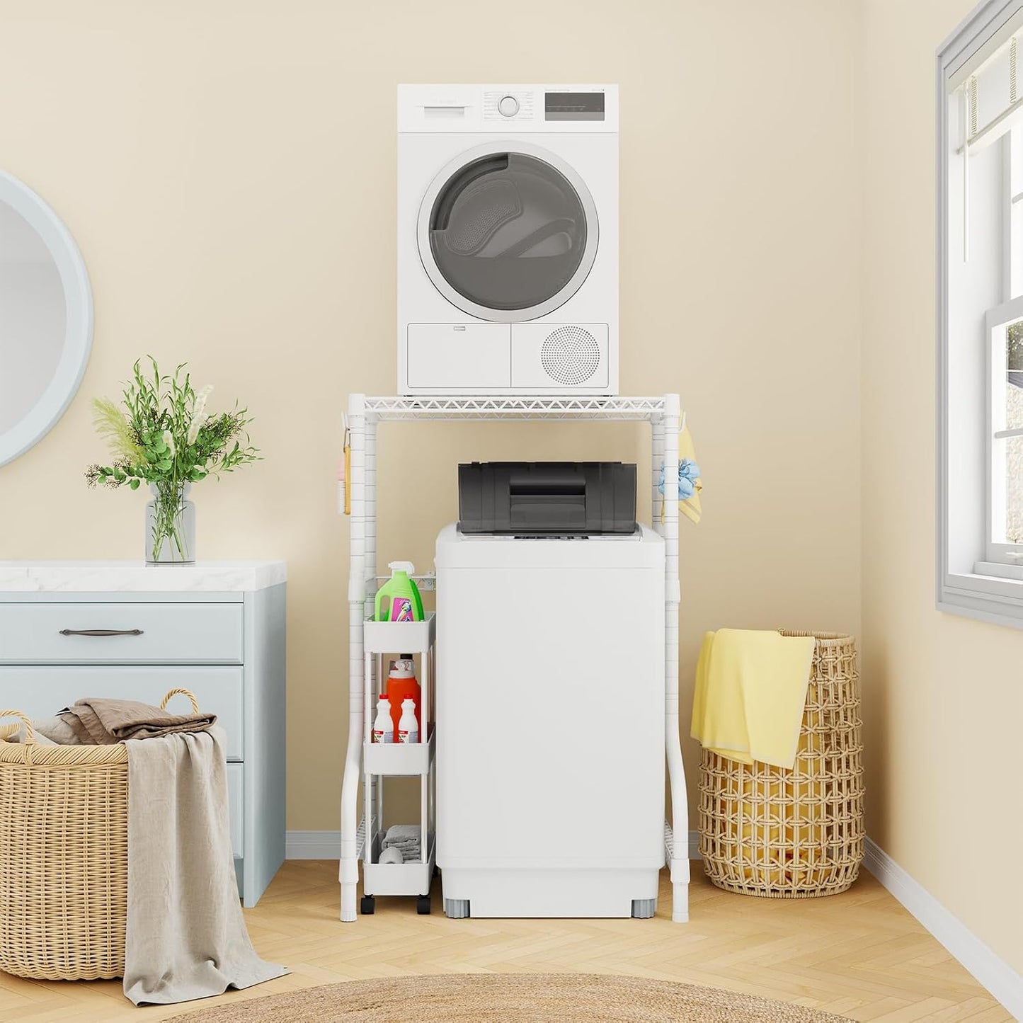 U16 Upgraded Washer Dryer Stacking Rack for Narrow Laundry Room | Metal Over Washer and Dryer Storage Shelves, Laundry Space Saver for Portable Dryer, 29.5"W x 23.6"D x 53.1"H, White