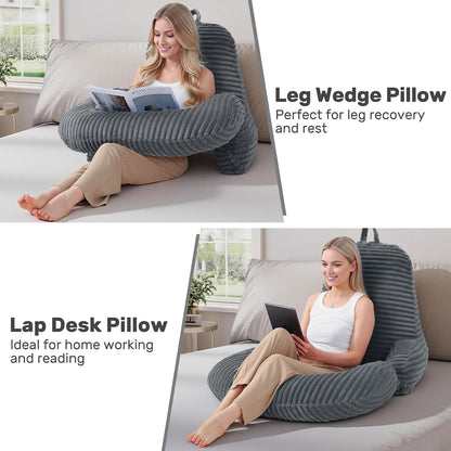 Reading Pillow for Bed, Backrest Pillow with Arms for Adult | Bed Pillow for Sitting Up, Back Support Pillows for Sleeping, Reading and Gaming with Shredded Memory Foam, Gray