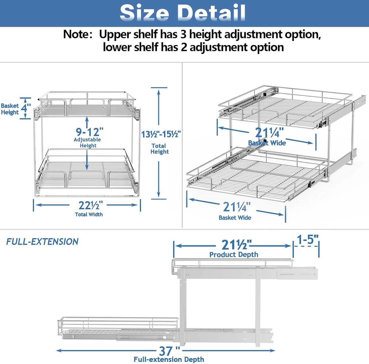ROOMTEC Pull Out Cabinet Organizer, Pull Out Shelves 5½" W x 21½" D, Heavy Duty Cabinet Drawers Slide Out Kitchen Organizers Storage Shelf