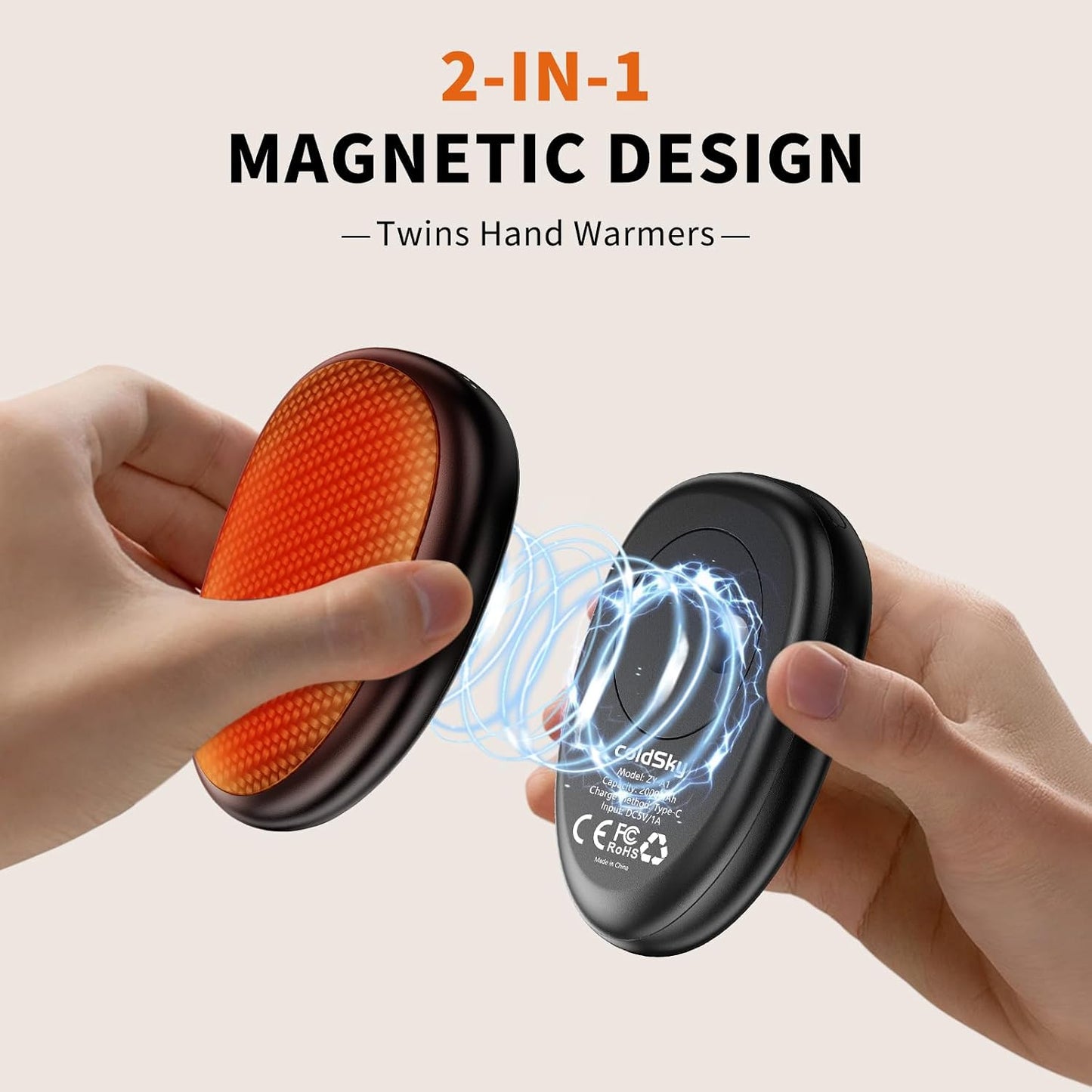 coldSky Rechargeable Hand Warmers 2 Pack, Magnetic 2-in-1 Reusable Electric Hand Warmer, 3 Heat Settings Portable Pocket Hand Heater Gifts for Women Men Christmas, Skiing, Camping, Hunting