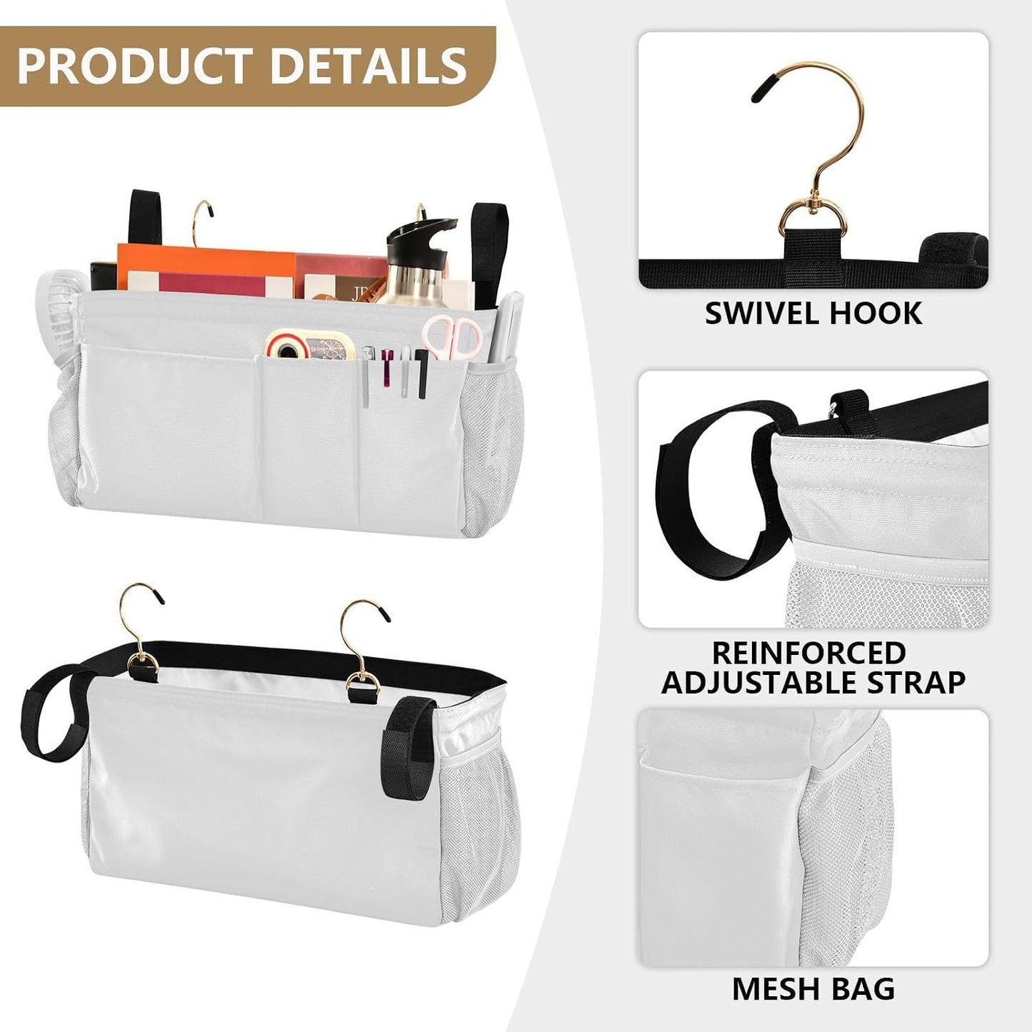 Black Bedside Caddy Storage Bag Bedside Organizer for Bed Rails College Dorm Room Organizer Caddy Hanging Shelf 6 Pockets with Hooks for Drinks Magazine Phone Holder