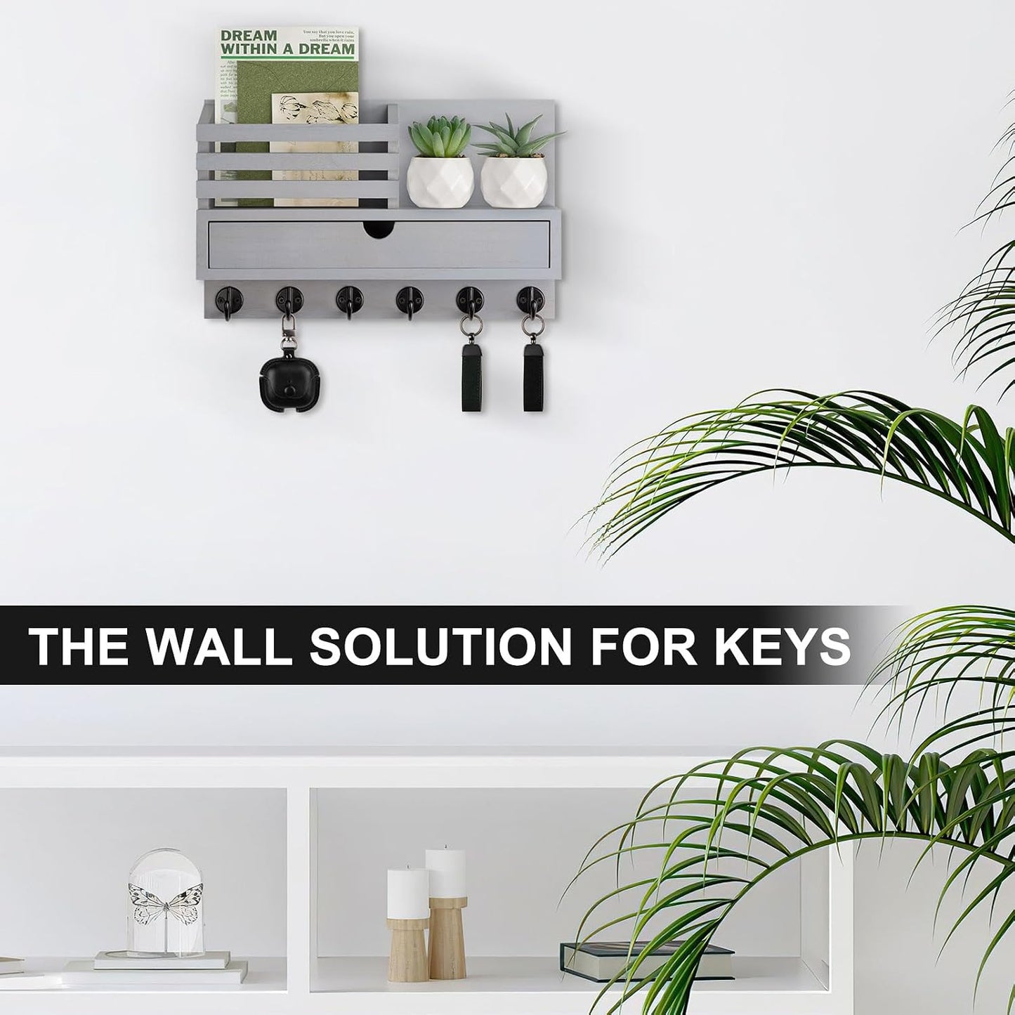 Key Holder Wall Mount, Mail Holder with Storage Drawer | Key and Mail Holder with 5 Key Hooks for Coat, Dog Leash, Home Decor Rack, House Accessories, Entry Way Organizer
