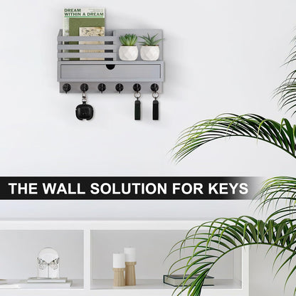 Key Holder Wall Mount, Mail Holder with Storage Drawer | Key and Mail Holder with 5 Key Hooks for Coat, Dog Leash, Home Decor Rack, House Accessories, Entry Way Organizer