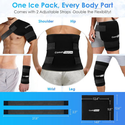 ComfiTECH Reusable Multipurpose Ice Pack with Adjustable Straps, 12" x 15" | Soft Gel Cold Compress for Hands-Free Relief on Back, Shoulder, Knee, Hip, Large Oversized Wrap for Minor Aches & Pains