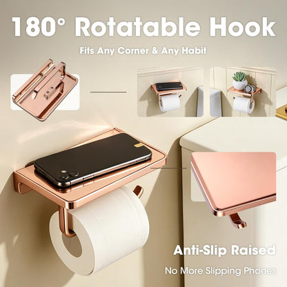 TRUSTMI Toilet Paper Holder with Phone Shelf, Zinc Alloy, Brushed Gold | Solid zinc alloy holder holds 15 lbs and fits jumbo rolls. Shelf stores phones and wipes for easy bathroom organization