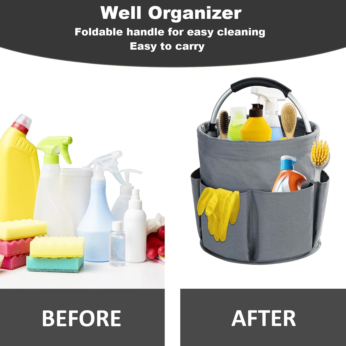 17L Cleaning Caddy with Handle, Cleaning Supplies Organizer, Foldable Storage Basket, Cleaning Supply Caddy, Portable Multi Cleaning Bucket Bag for Home, Garden (Blue)