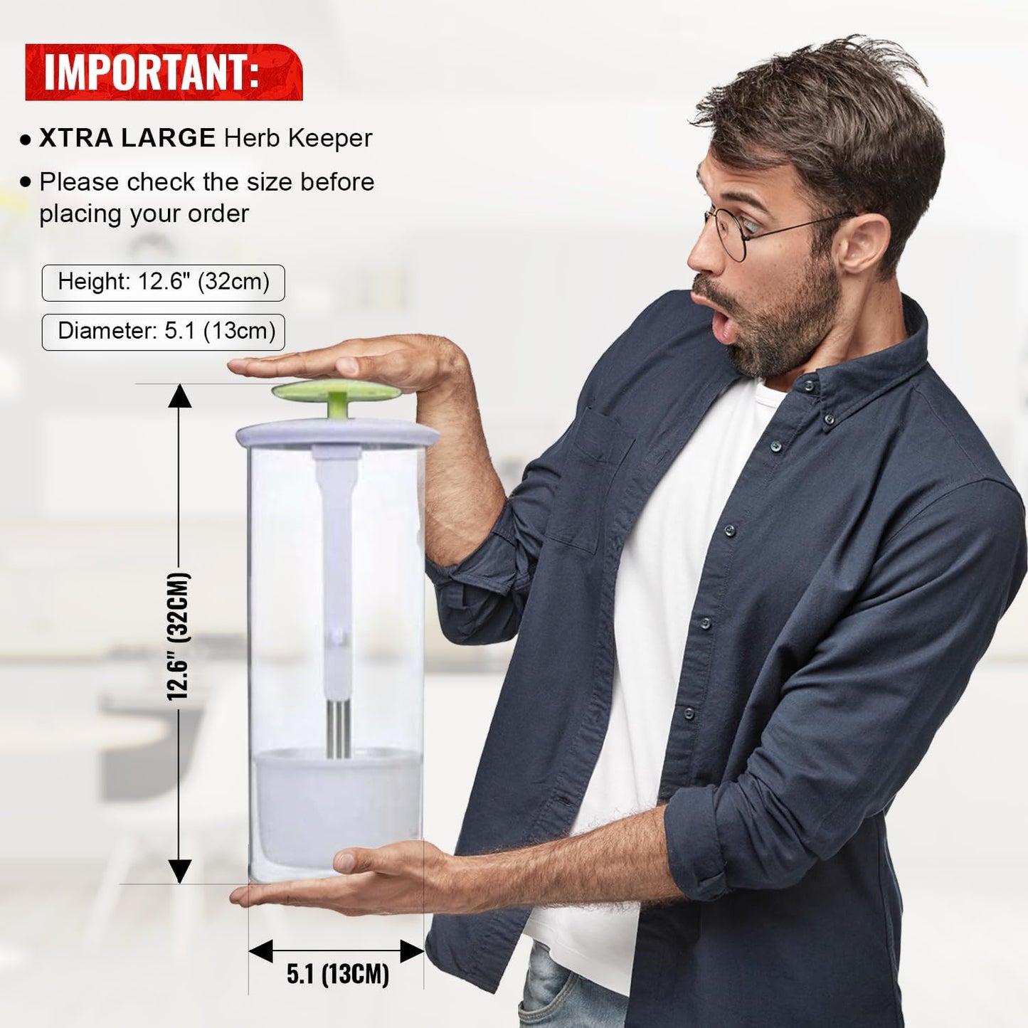 Herb Keeper and Herb Saver – Premium Borosilicate Glass Storage Container with Ventilation Slots – Easy Access Top Lid Produce Saver Cilantro Container with Drainage Holes