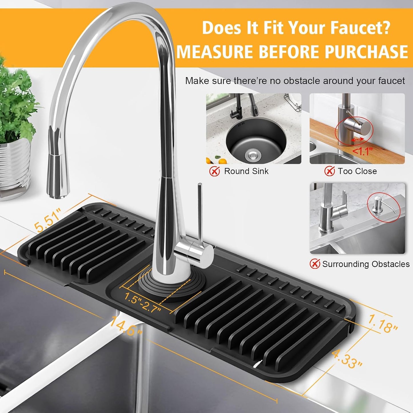 17.7-Inch Kitchen Sink Splash Guard Mat | 7° Slope for Fast Self-Draining | Snap-Lock Design | Universal & Cuttable Silicone Faucet Mat Gray