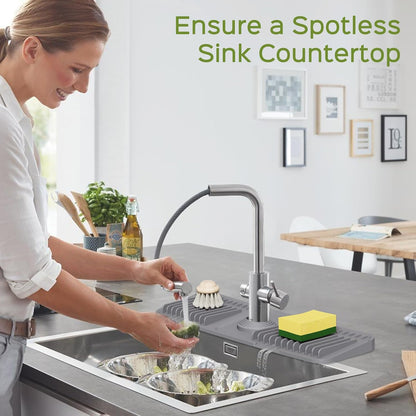 24 Inch Silicone Faucet Mat for Kitchen Sink Splash Guard – Upgraded Draining Mat with Water Tray Behind Faucet – Countertop Protectors to Catch Spills (Black, 24" x 5.5" )