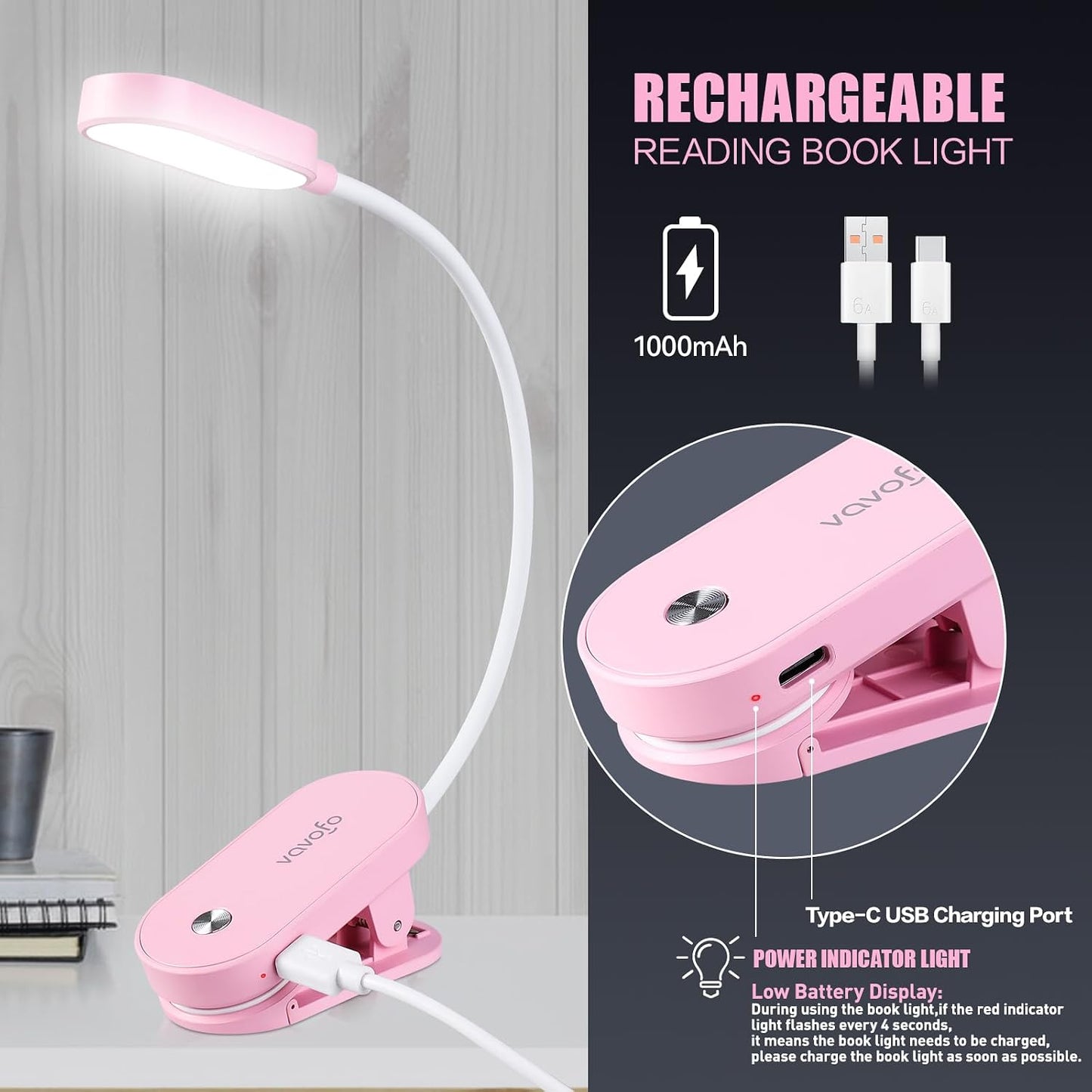 VAVOFO Rechargeable Book Light, 14 LEDs Eye Care Clip On Amber Reading Light for Bookworms Reading in Bed with 9 Colors 9 Brightness (Blue)