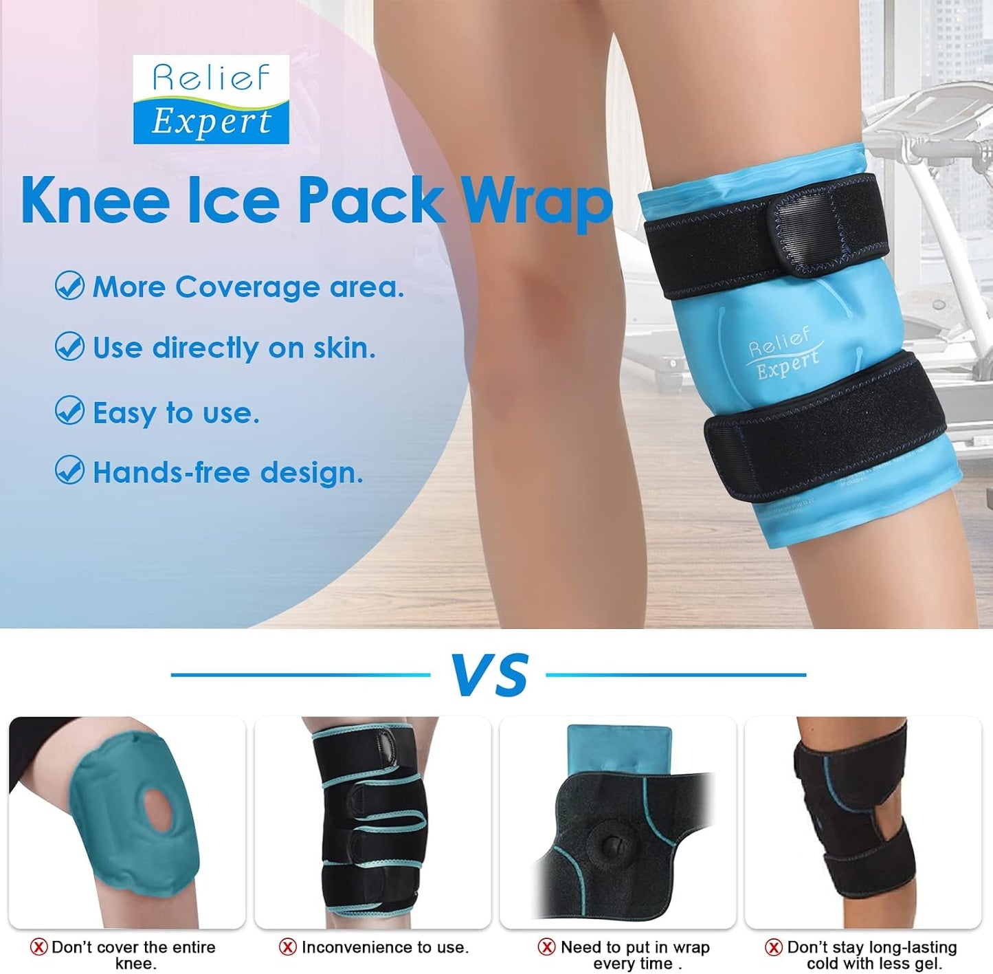 Relief Expert Knee Ice Pack Wrap Around Entire Knee, Large Ice Pack for Leg Soothing Discomfort, Reusable Ice Wraps with Cold Compress for Musclar Relaxation, Post-Workout Recovery,XL