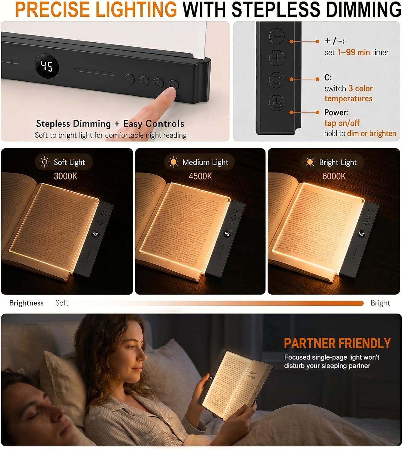 30 LED Book Light for Reading at Night in Bed, Rechargeable Book Page Light, 3 Color Temperatures, Stepless Dimming, 1-99 Min Timer, 2-in-1 Reading Light Light & Night Light, Gift for Readers White