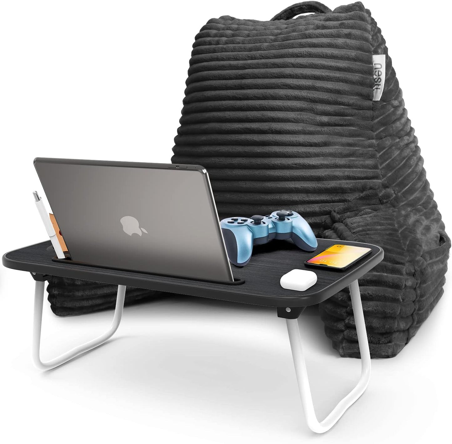 Nestl Reading Pillow with Shredded Memory Foam, Luxe Cut Plush Back Pillow for Sitting Up in Bed, Back and Arms Adjustable Support for Adult & Teens, Backrest Pillows with Washable Cover Dark Grey