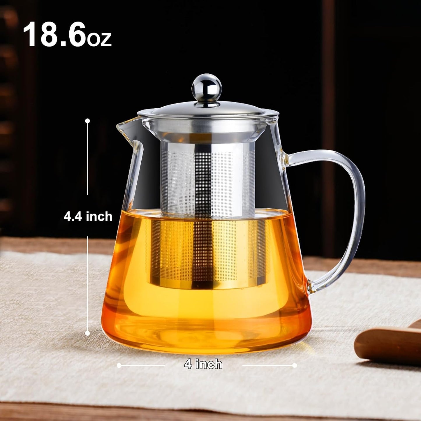 Baalaka Glass Teapot 18.6oz/550ml, Tea Pot with Removable Infusers for Loose Tea, Borosilicate Glass Tea Kettle Tea Maker Stovetop for Camping, Tea Infuser for Loose Leaf Tea Travel | Borosilicate glass tea kettle with infuser; steel strainer for loose