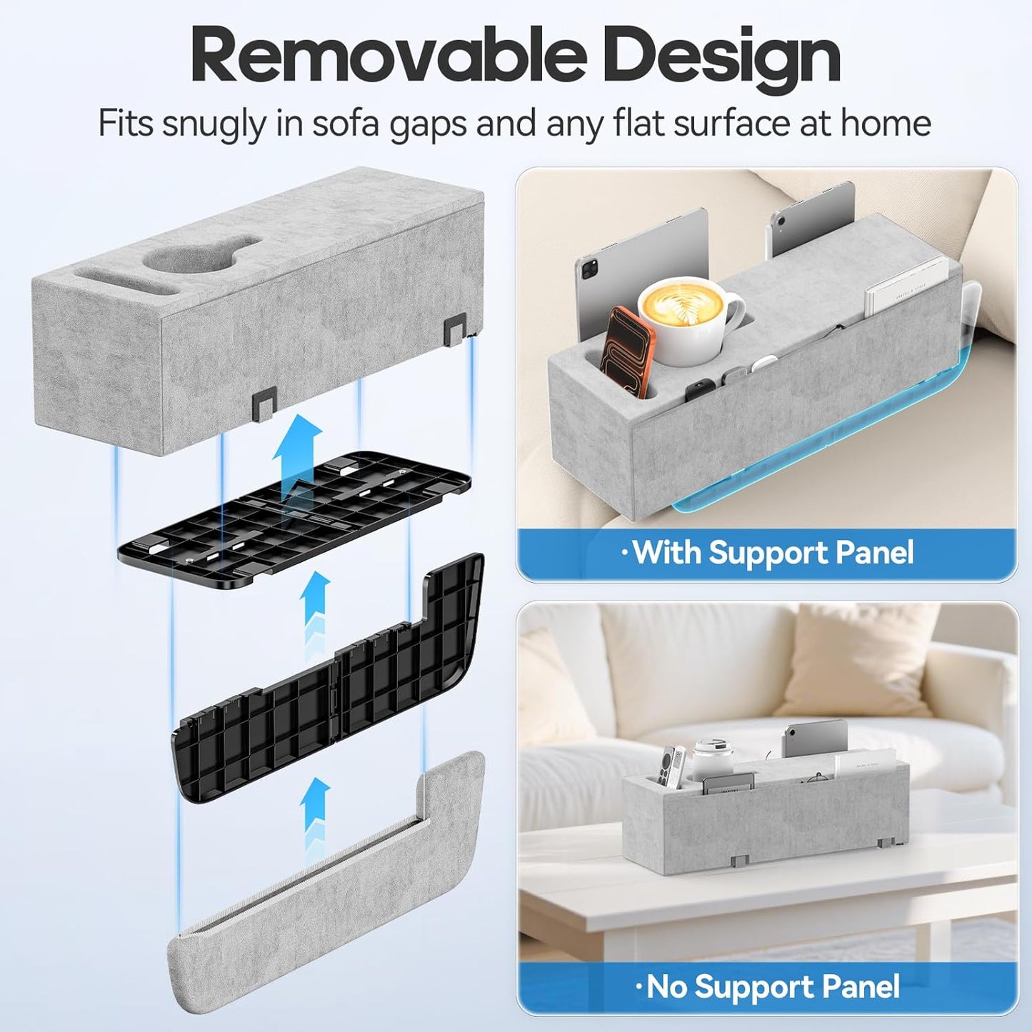 Removable Sofa Armrest Couch Caddy with Cup Holder Insert Between Cushions | Sofa Accessories Storage, Couch Armrest Pillow Table with Drink Holder